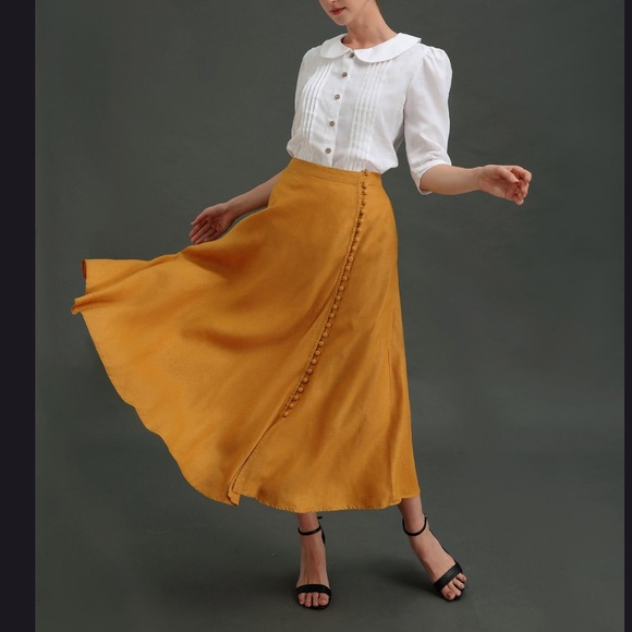 Handmade Linen Maxi Skirt with Covered Button Detail - Picture 2 of 11